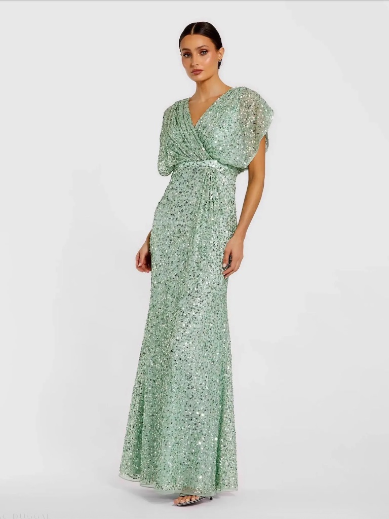 Mac Duggal Green Draped Sleeve V Neck Gown Size 8